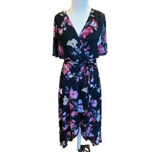 Eliza J $168 Floral Fairy High/Low Faux Wrap Chiffon Maxi Dress Sz 12 Flowy EUC